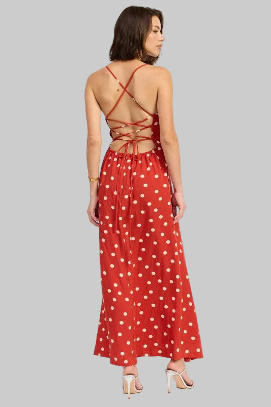 Oaklynn Polka Dot Square Neck Open Back Maxi Dress