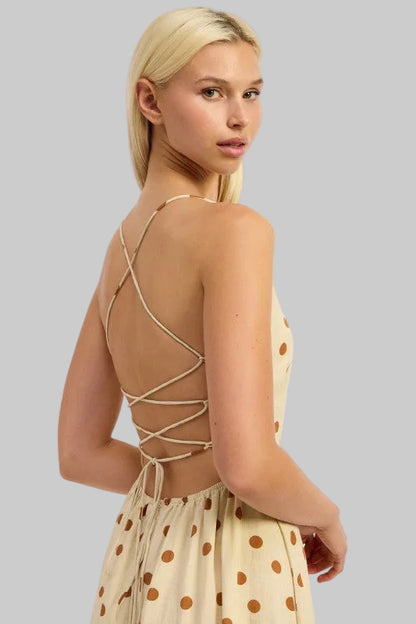 Oaklynn Polka Dot Square Neck Open Back Maxi Dress