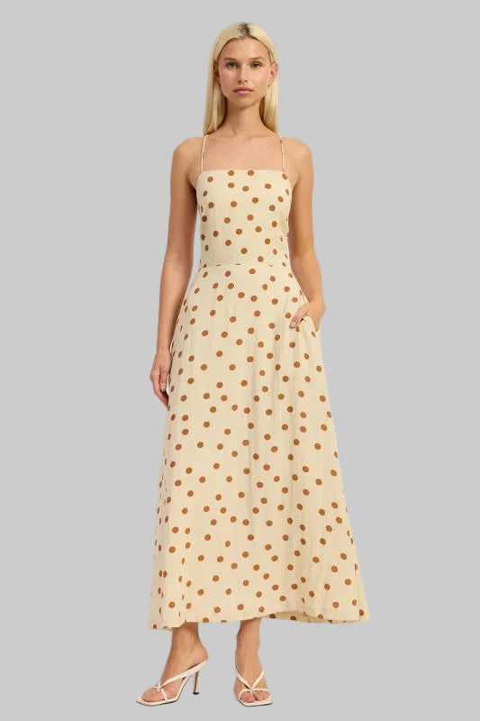 Oaklynn Polka Dot Square Neck Open Back Maxi Dress