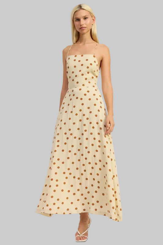 Oaklynn Polka Dot Square Neck Open Back Maxi Dress