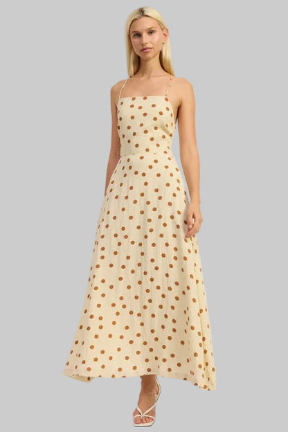 Oaklynn Polka Dot Square Neck Open Back Maxi Dress