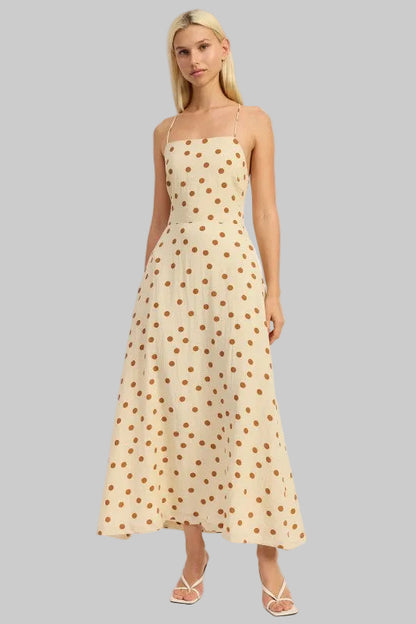 Oaklynn Polka Dot Square Neck Open Back Maxi Dress