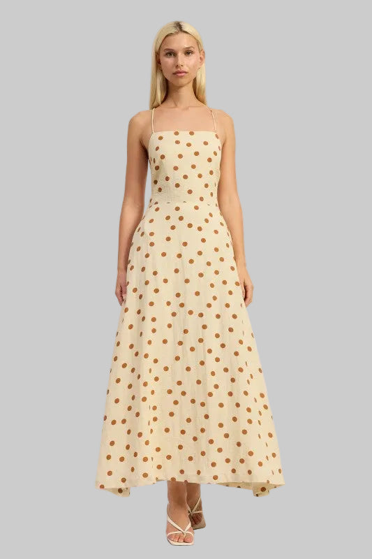 Oaklynn Polka Dot Square Neck Open Back Maxi Dress
