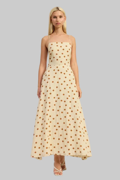 Oaklynn Polka Dot Square Neck Open Back Maxi Dress
