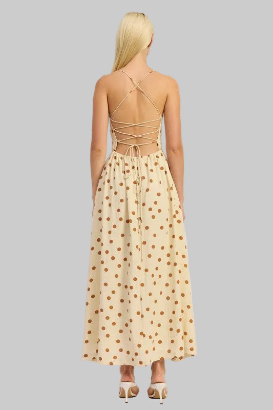 Oaklynn Polka Dot Square Neck Open Back Maxi Dress