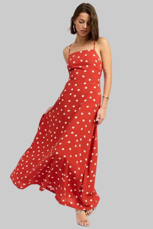 Oaklynn Polka Dot Square Neck Open Back Maxi Dress