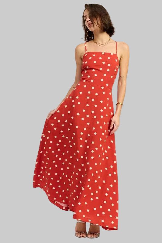 Oaklynn Polka Dot Square Neck Open Back Maxi Dress