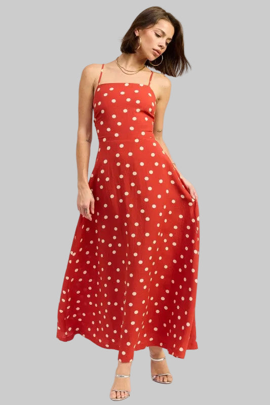 Oaklynn Polka Dot Square Neck Open Back Maxi Dress