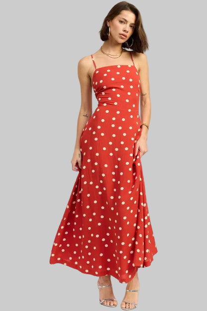 Oaklynn Polka Dot Square Neck Open Back Maxi Dress