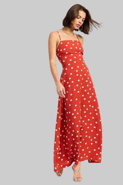 Oaklynn Polka Dot Square Neck Open Back Maxi Dress