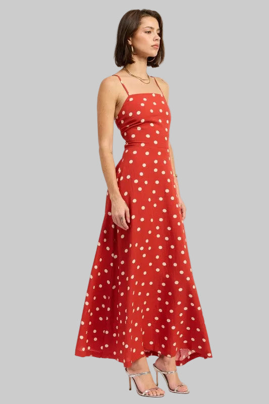 Oaklynn Polka Dot Square Neck Open Back Maxi Dress