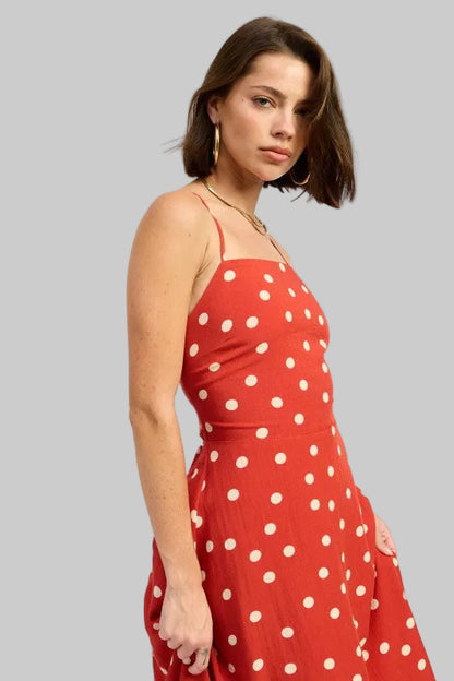 Oaklynn Polka Dot Square Neck Open Back Maxi Dress