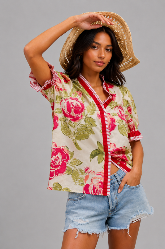 Olive Floral Printed Ruffled Blouse
