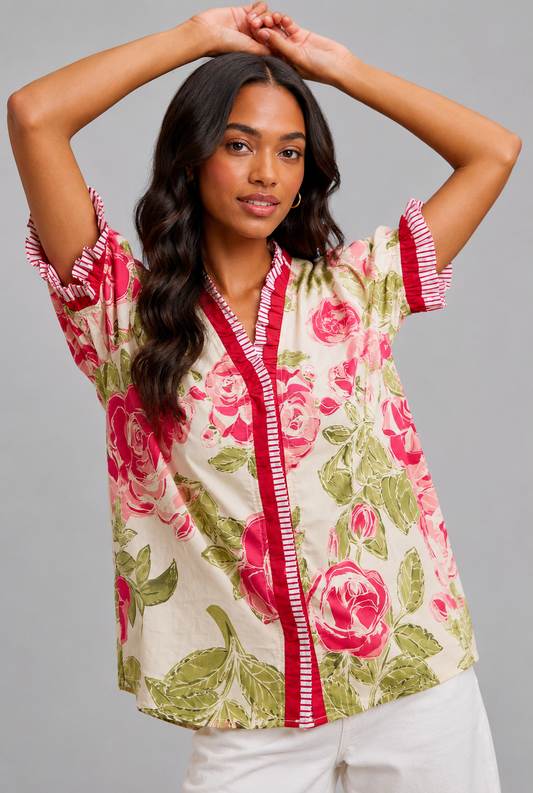 Olive Floral Printed Ruffled Blouse