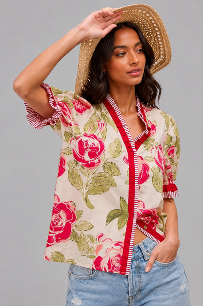 Olive Floral Printed Ruffled Blouse