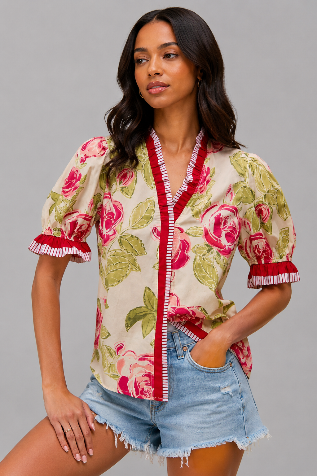Olive Floral Printed Ruffled Blouse