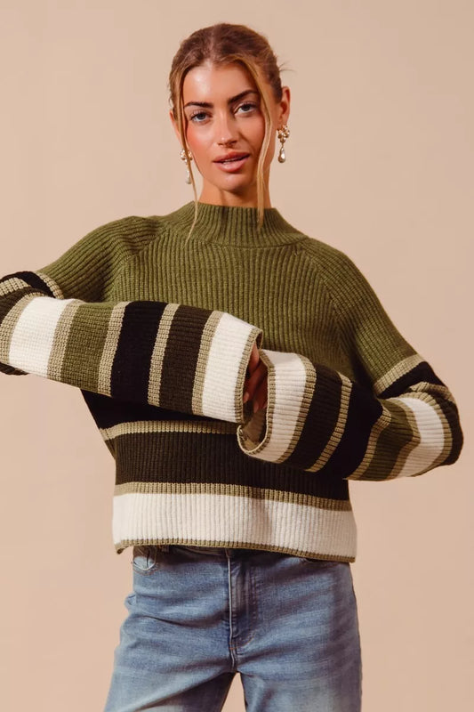 Olive Multi Color Striped Mock Neck Sweater