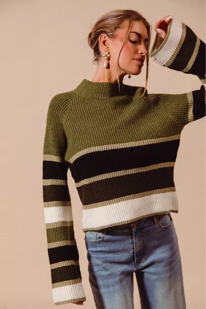 Olive Multi Color Striped Mock Neck Sweater
