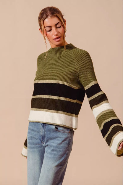 Olive Multi Color Striped Mock Neck Sweater