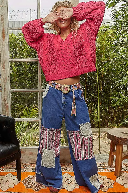 Olivia Boho Cable-Knit Solid V-Neck Cropped Sweater