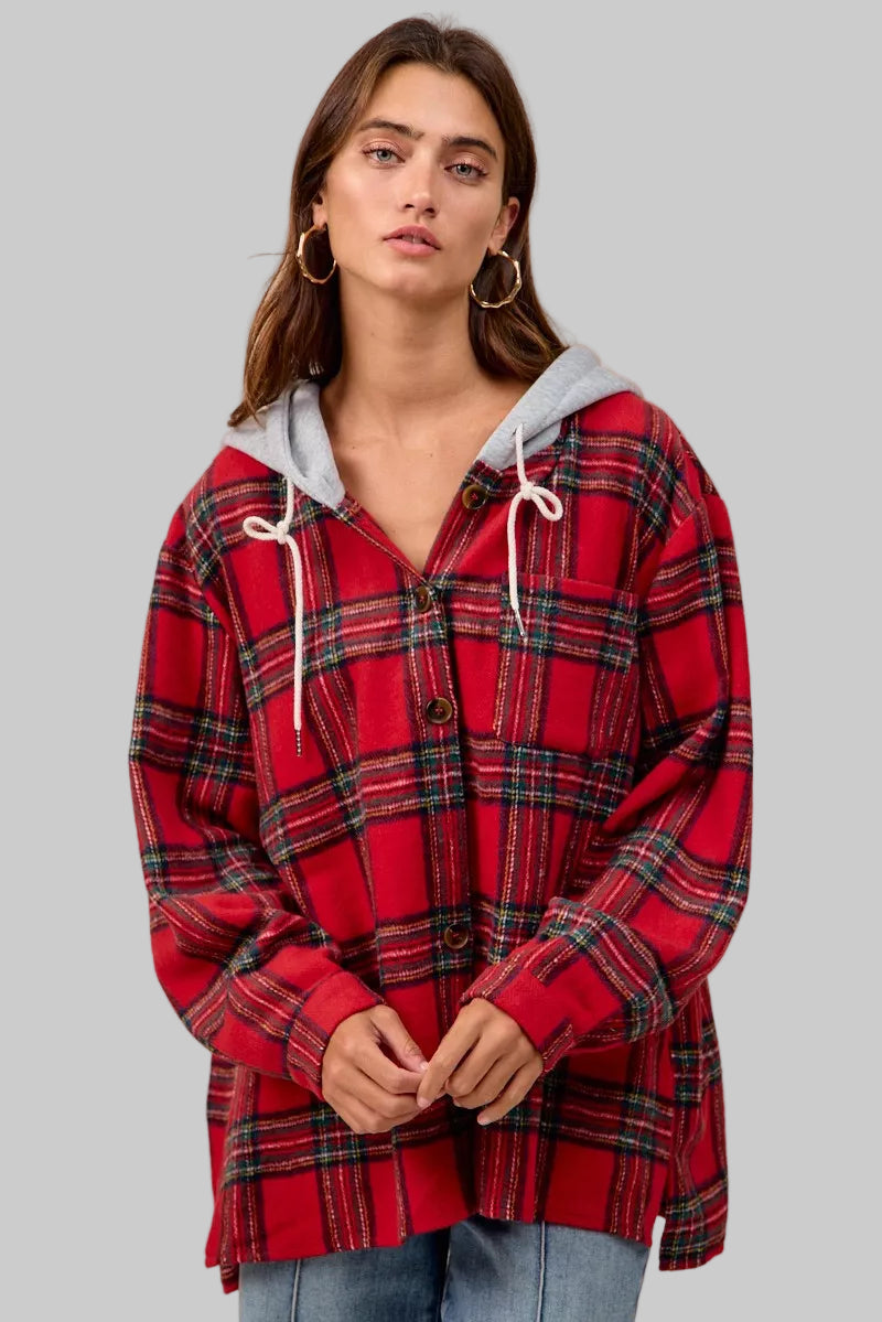 Olivia Red Plaid Hooded Shirt Jacket