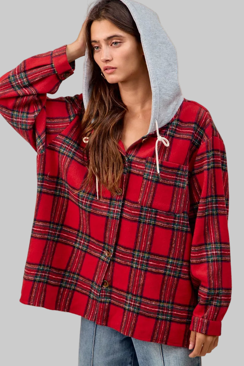 Olivia Red Plaid Hooded Shirt Jacket