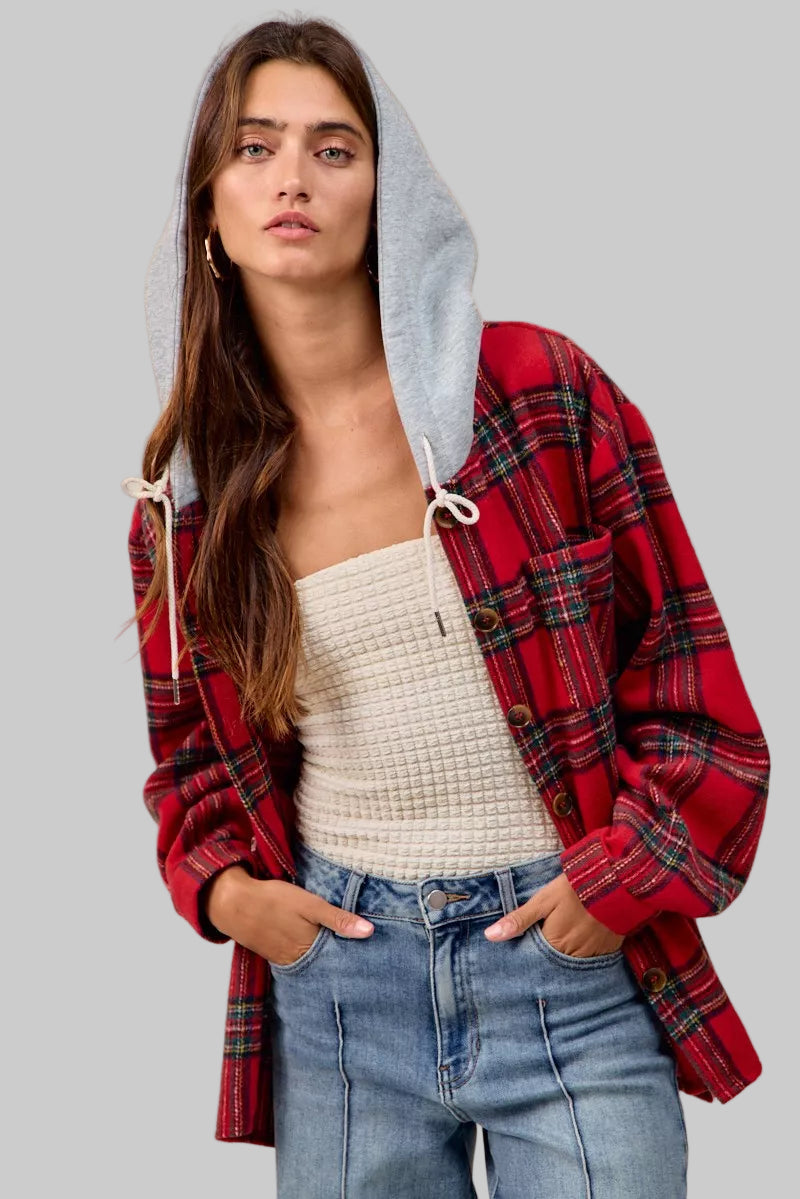 Olivia Red Plaid Hooded Shirt Jacket