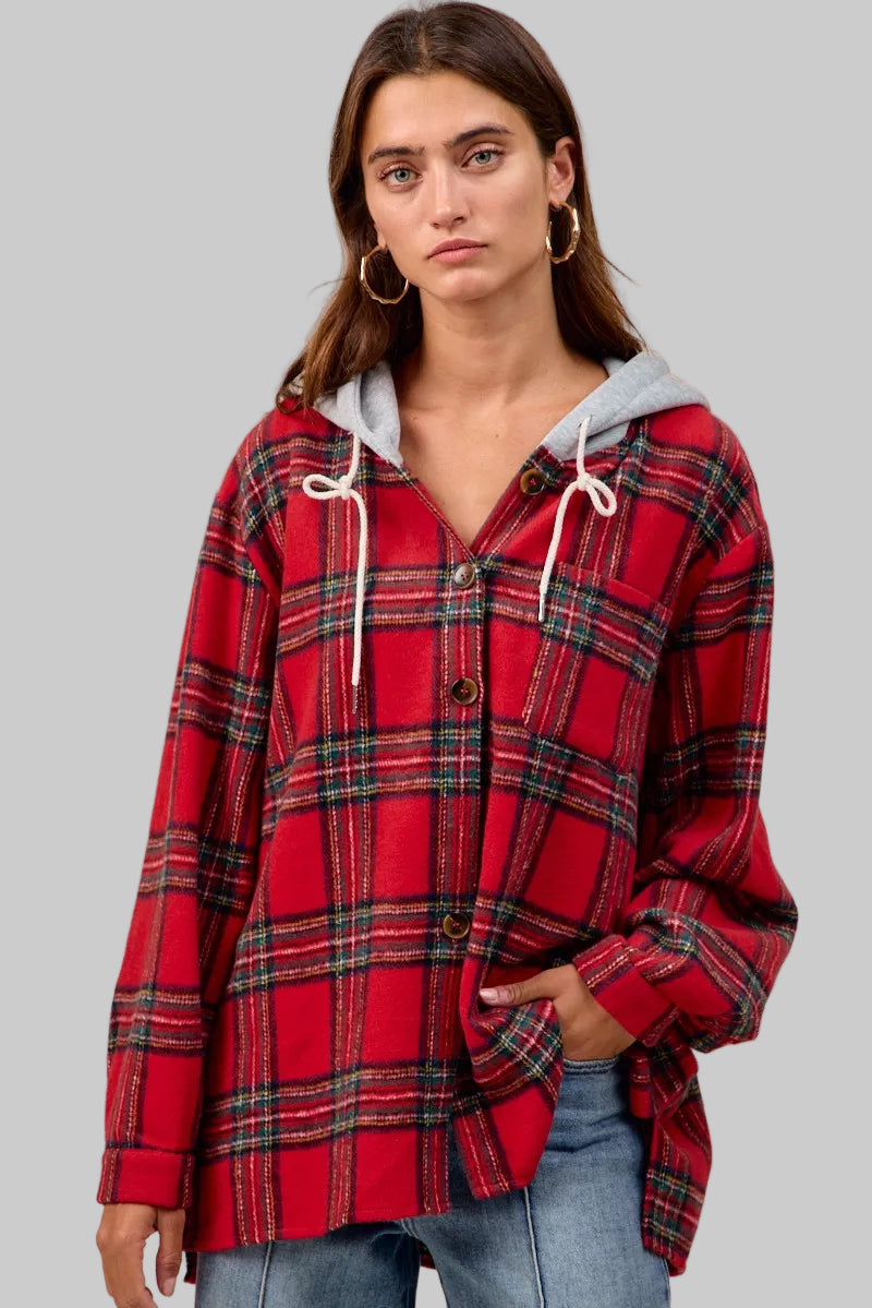 Olivia Red Plaid Hooded Shirt Jacket