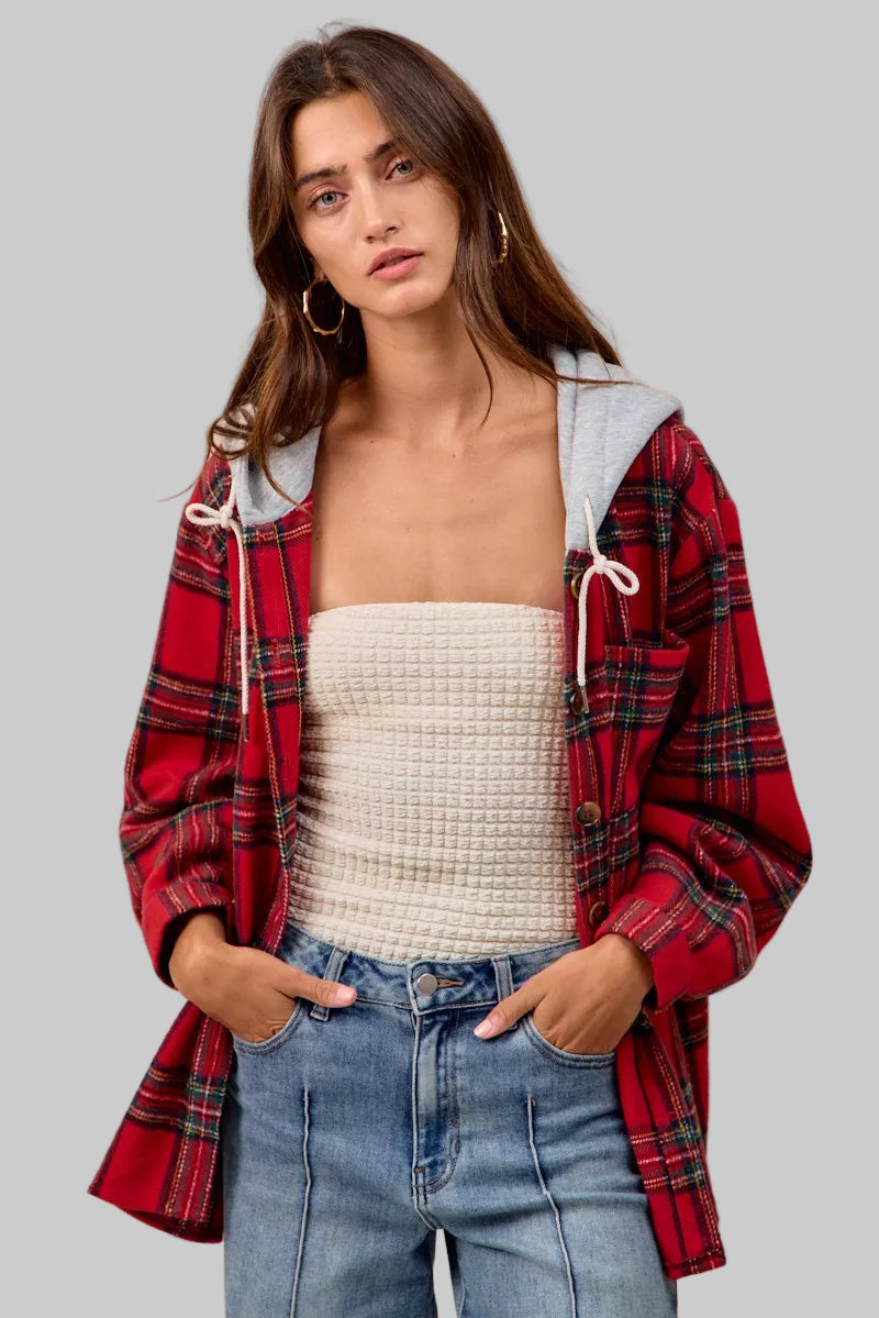 Olivia Red Plaid Hooded Shirt Jacket