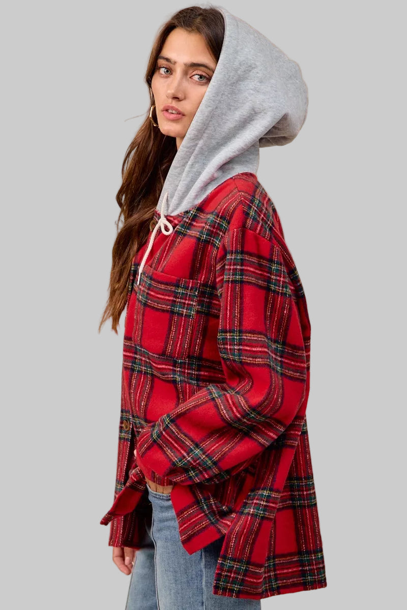 Olivia Red Plaid Hooded Shirt Jacket