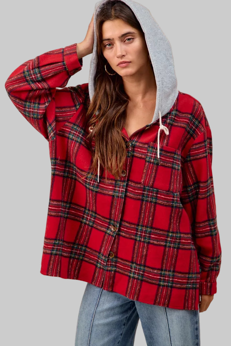 Olivia Red Plaid Hooded Shirt Jacket