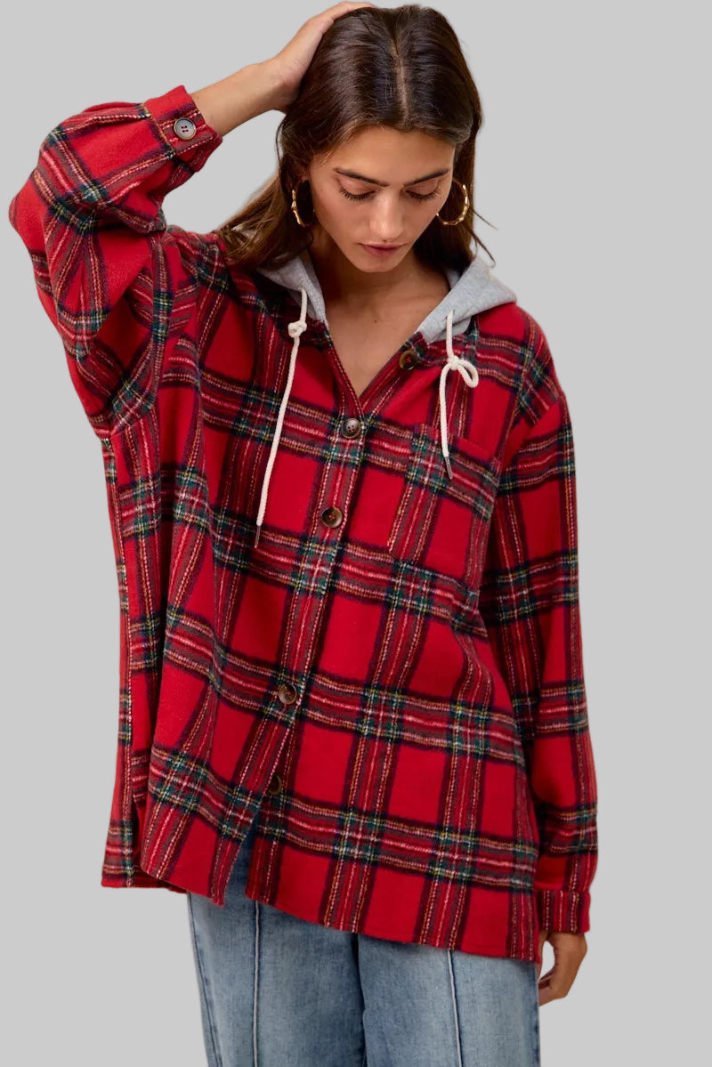 Olivia Red Plaid Hooded Shirt Jacket