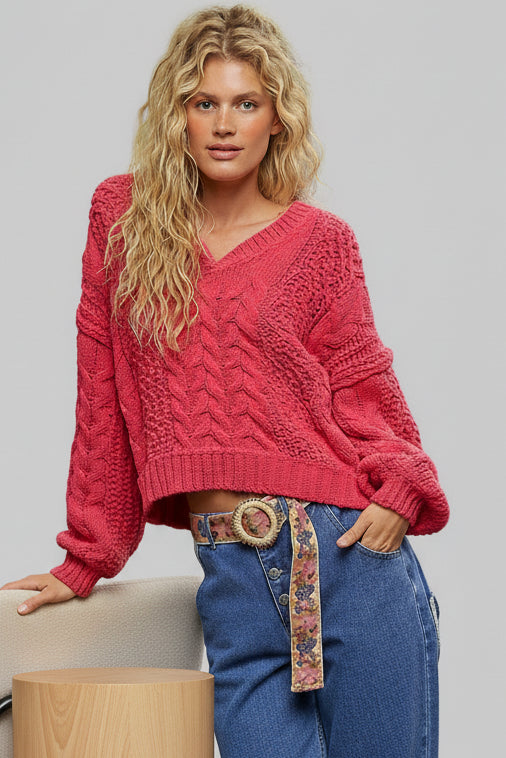 Olivie Boho Cable-Knit Solid V-Neck Cropped Sweater