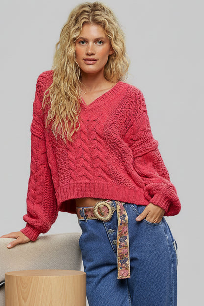 Olivie Boho Cable-Knit Solid V-Neck Cropped Sweater