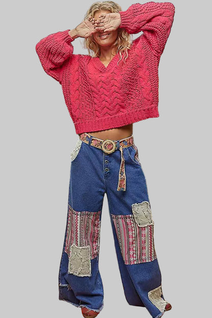 Olivie Boho Cable-Knit Solid V-Neck Cropped Sweater