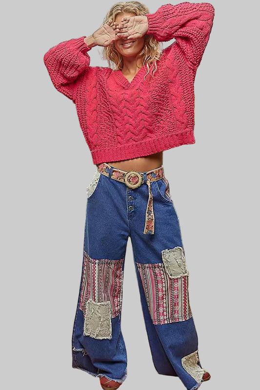 Olivie Boho Cable-Knit Solid V-Neck Cropped Sweater