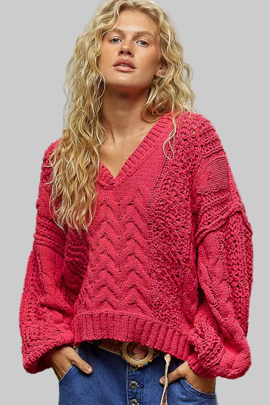 Olivie Boho Cable-Knit Solid V-Neck Cropped Sweater