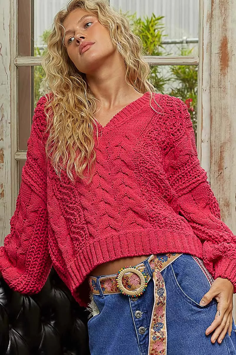 Olivie Boho Cable-Knit Solid V-Neck Cropped Sweater