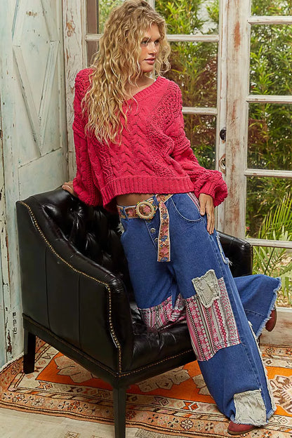 Olivie Boho Cable-Knit Solid V-Neck Cropped Sweater