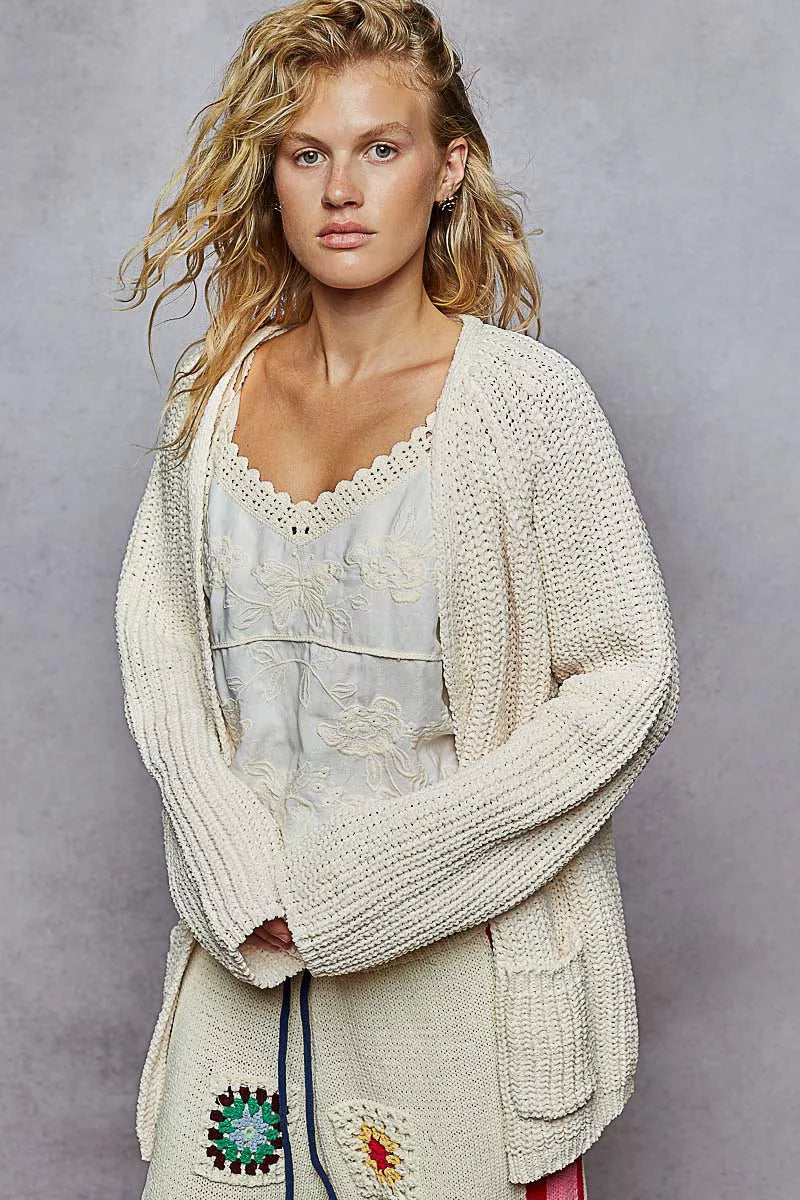 Open Front Bohemian Knit Cardigan with Front Pocket