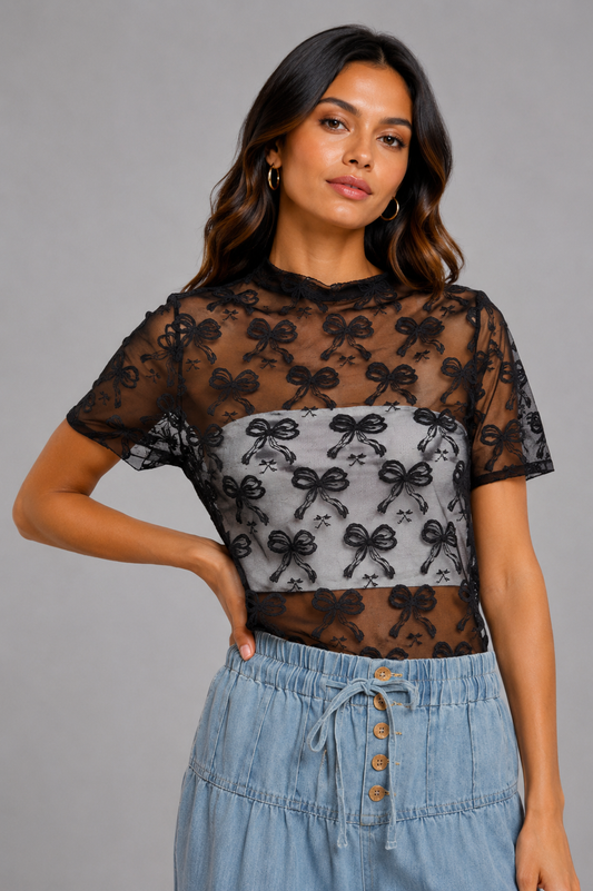 Palmer High Neck Bow Mesh Top