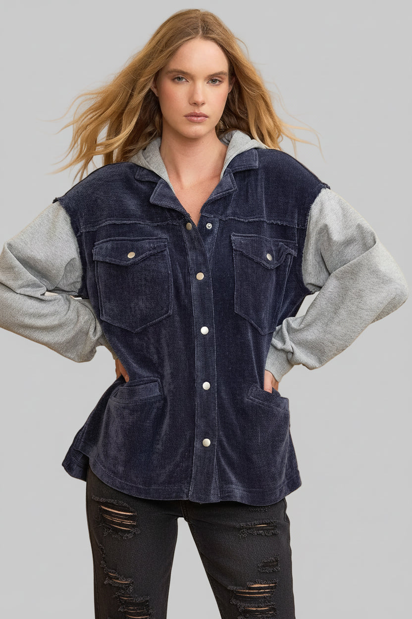 Pam Navy Color block Hooded Chenille Jacket