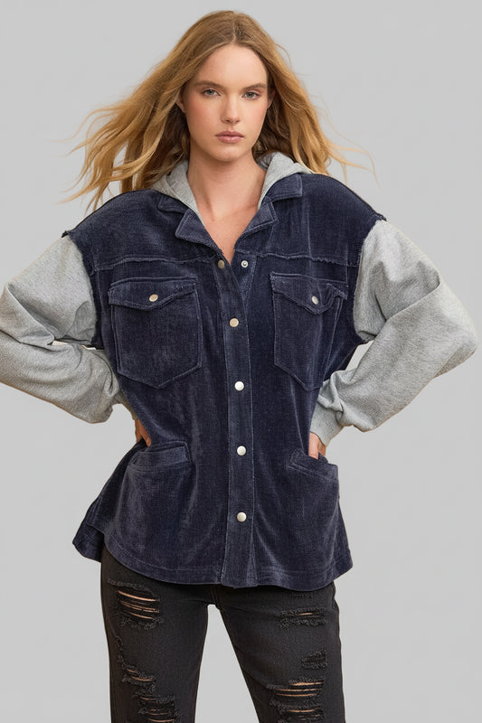 Pam Navy Color block Hooded Chenille Jacket