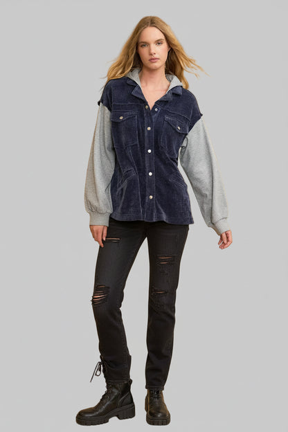 Pam Navy Color block Hooded Chenille Jacket