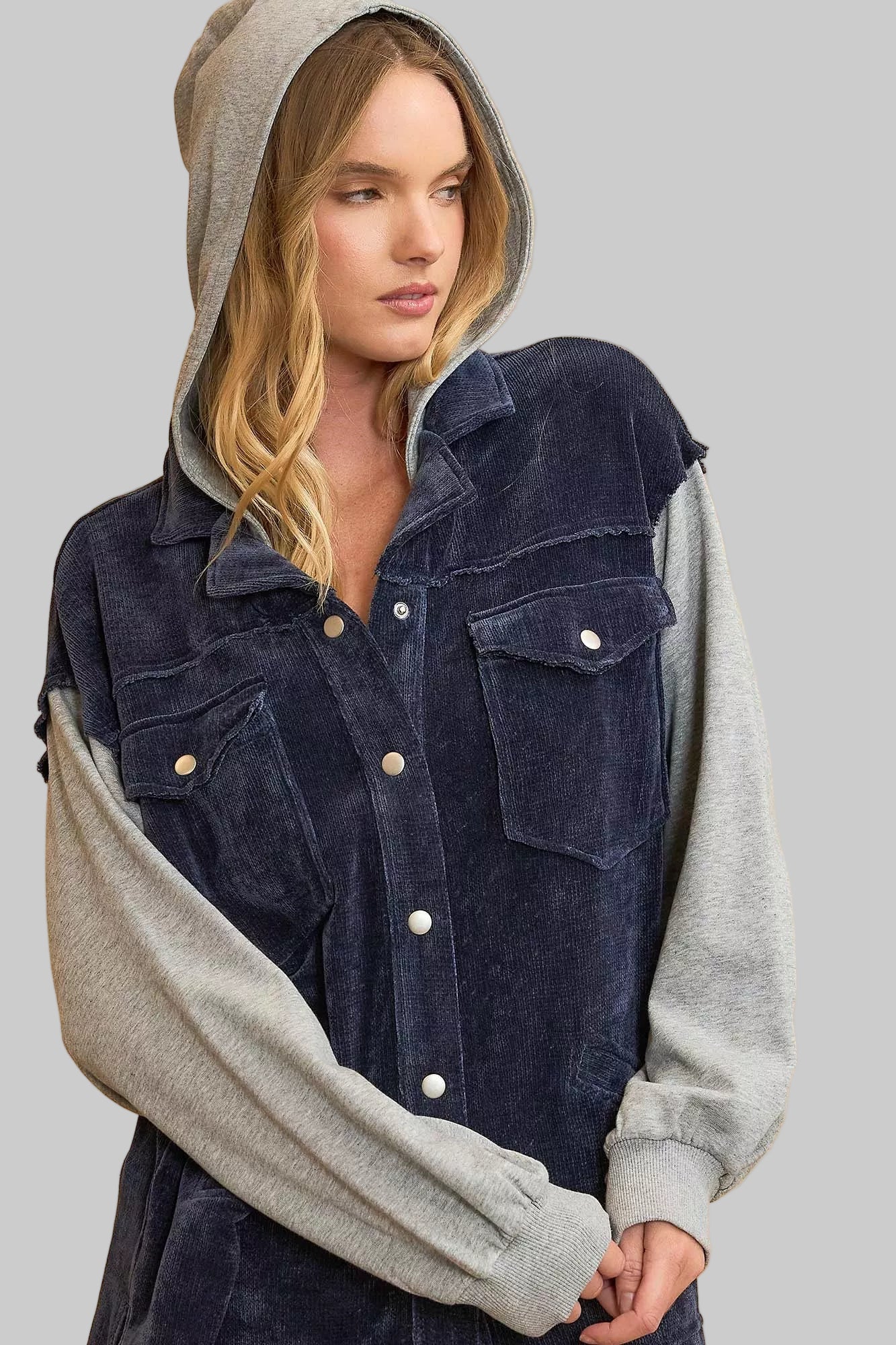 Pam Navy Color block Hooded Chenille Jacket
