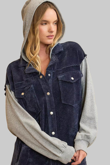 Pam Navy Color block Hooded Chenille Jacket