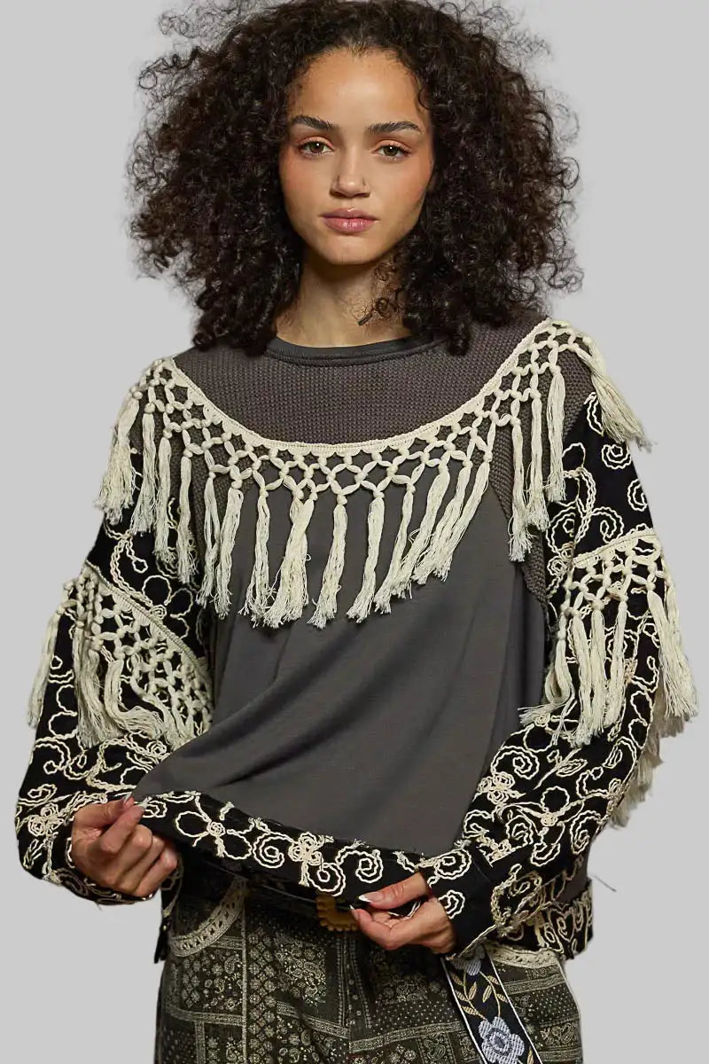 Parker Boho Floral Embroidered Tassel Top - Charcoal