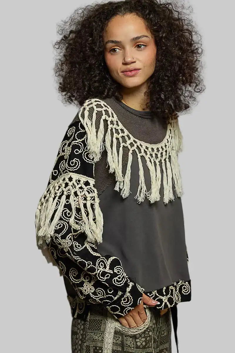 Parker Boho Floral Embroidered Tassel Top - Charcoal