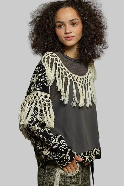 Parker Boho Floral Embroidered Tassel Top - Charcoal