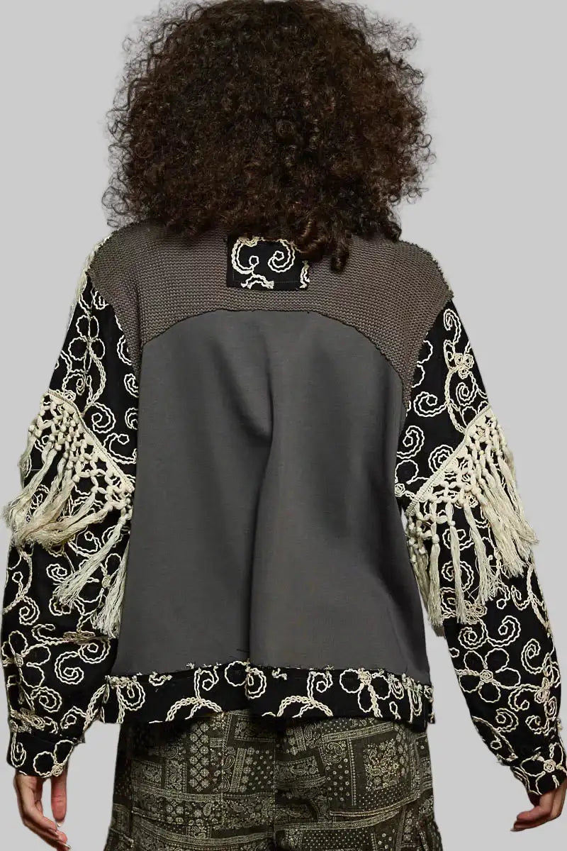 Parker Boho Floral Embroidered Tassel Top - Charcoal